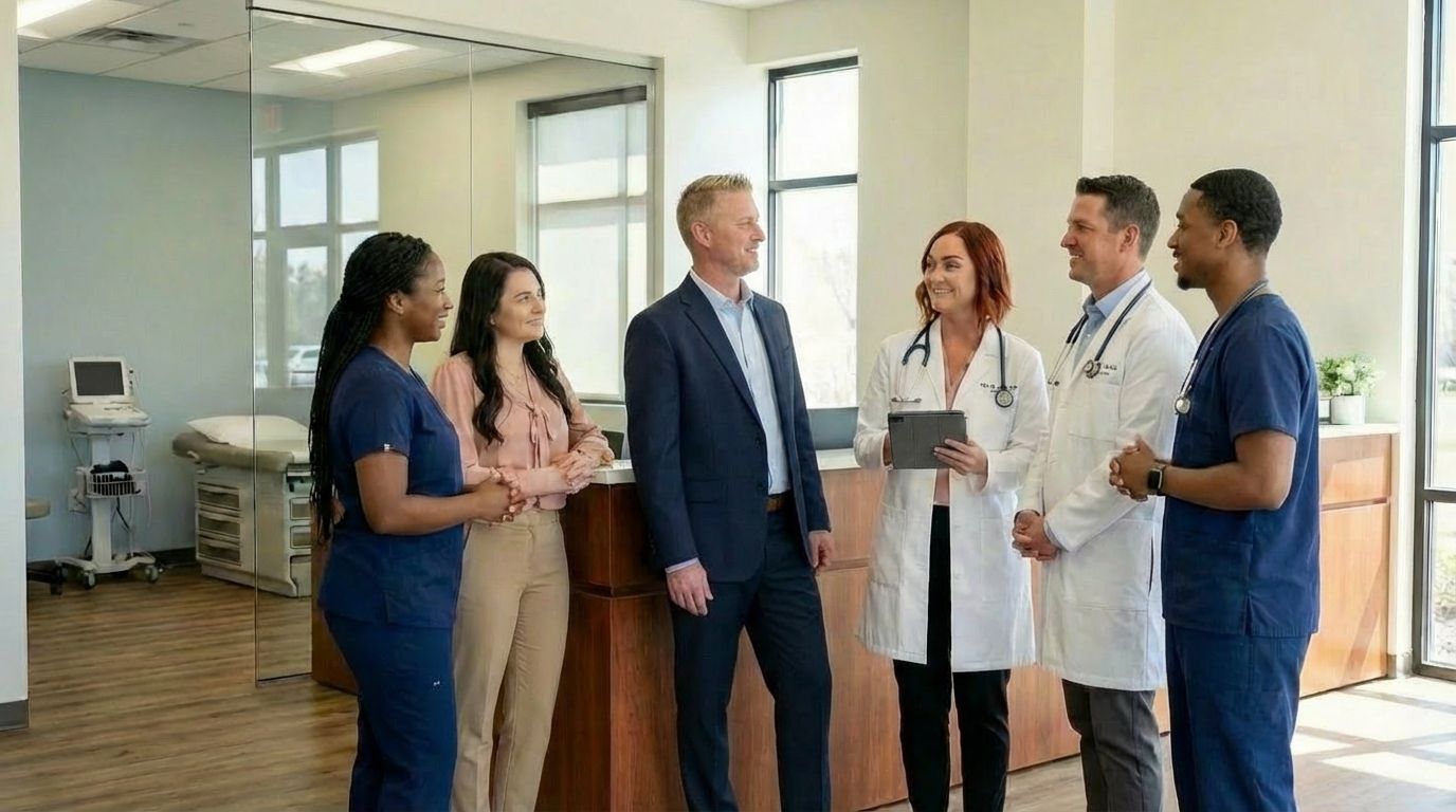 Jeff Igoe standing with doctors and staff at a medical practice