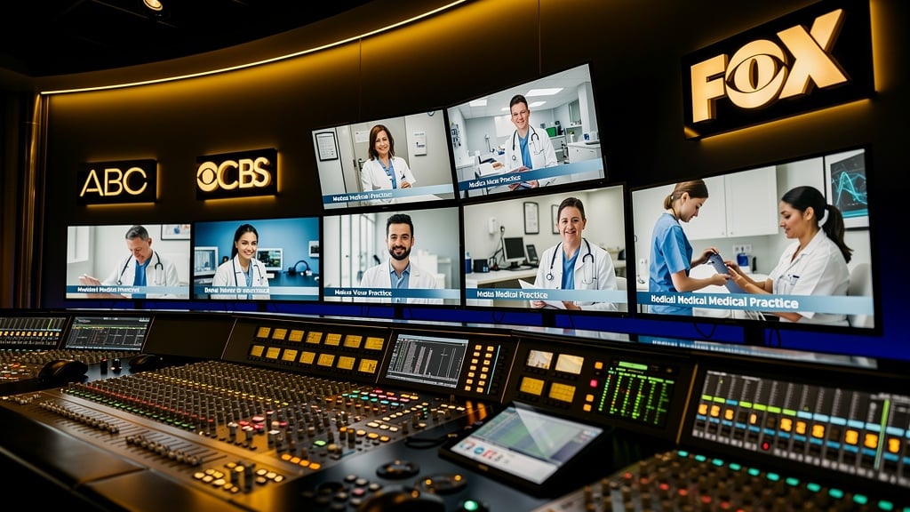 Broadcast television control room running medical practice ads